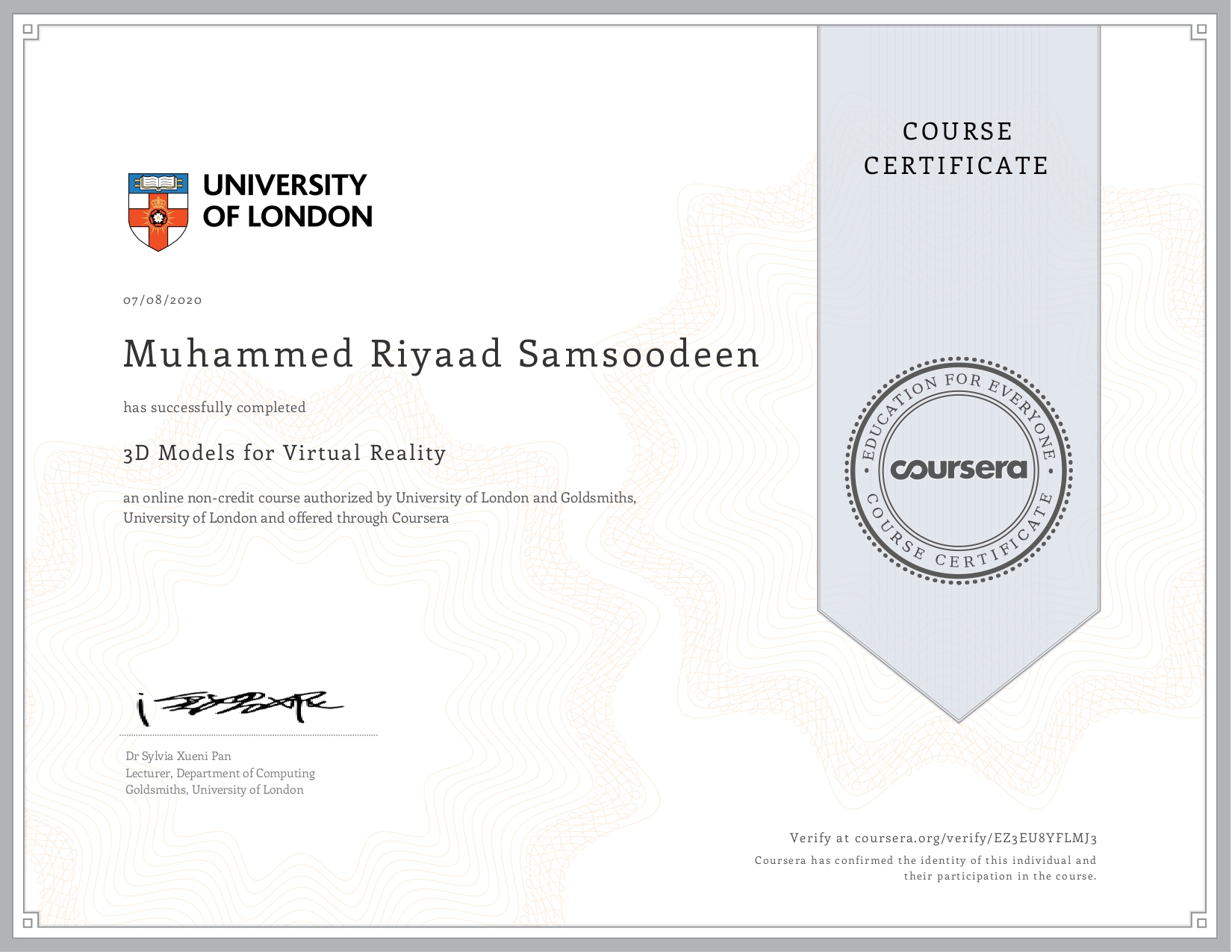 Coursera Certificate for 3D Models for Virtual Reality